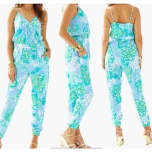 Lilly Pulitzer Melba Jumpsuit Womens M Green Floral Spaghetti Strap VNeck Resort